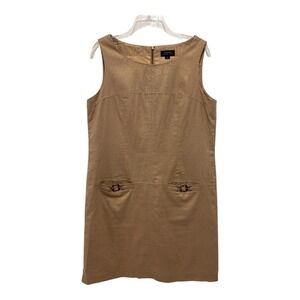 Tahari Dress 10 Brown Gold Metallic Linen Cotton Blend Sheath Sleeveless Pockets